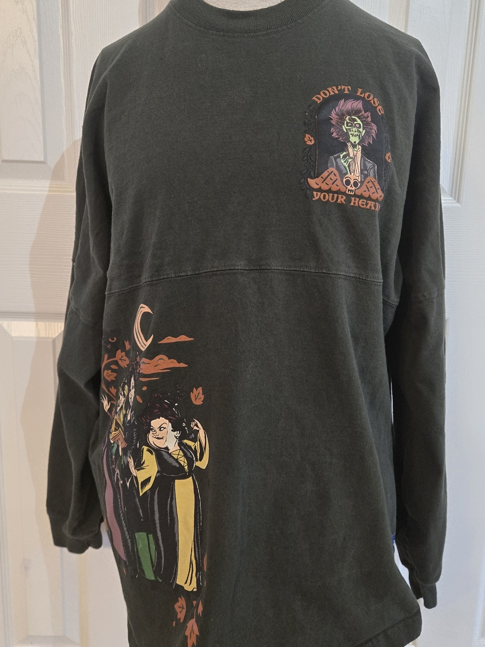 Disney Womens Dark Green Crewneck Sweater with Orange and Yellow Graphic